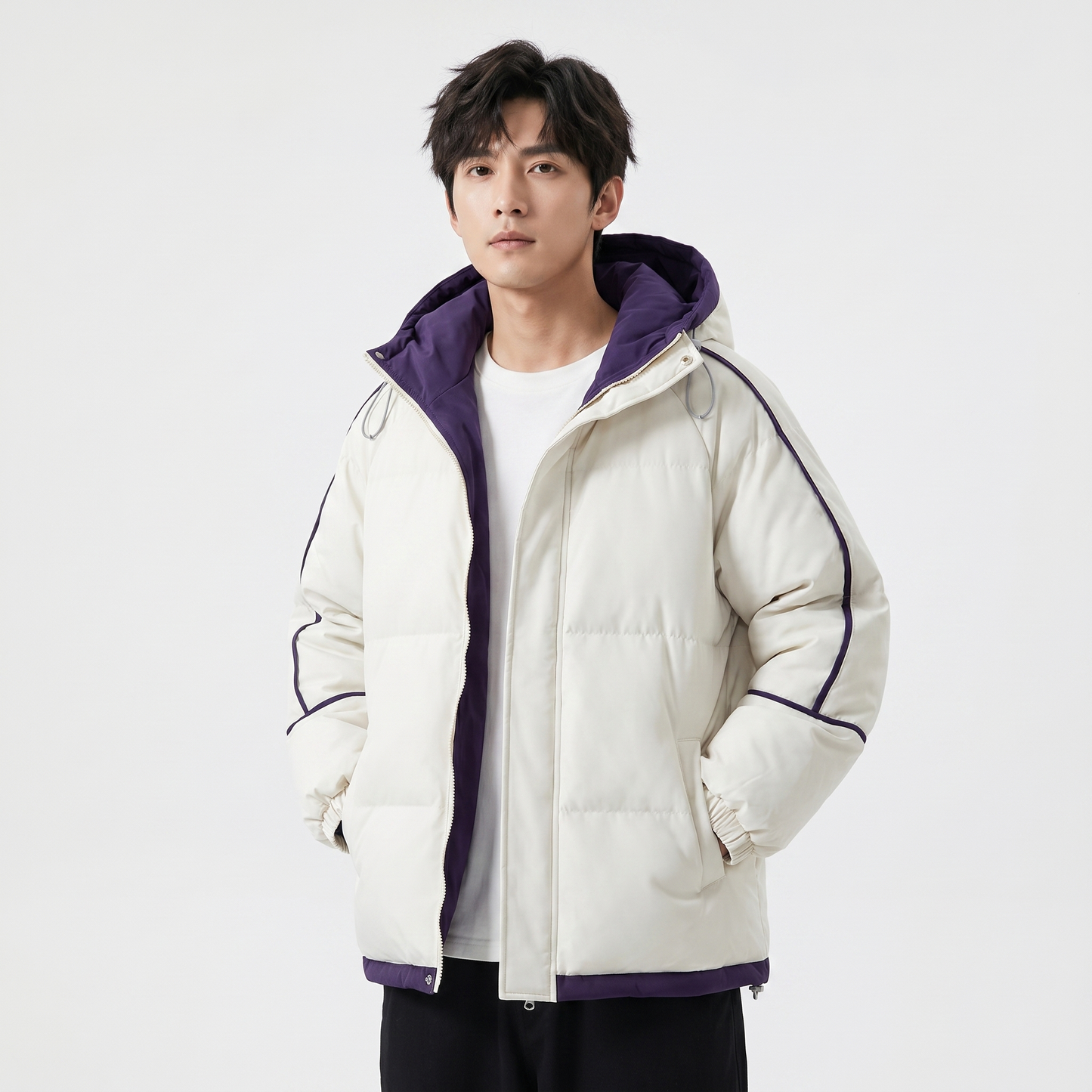 Men's Hooded Puffer Jacket Contrast Trim Quilted Winter Coat Oversized Fit