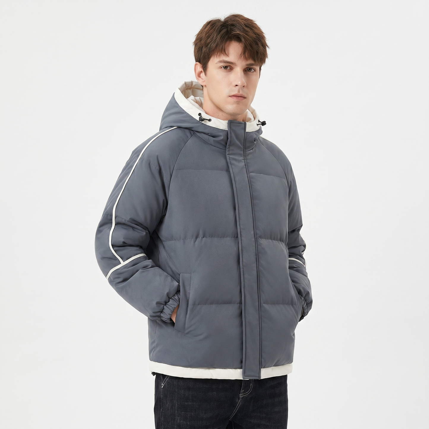 Men's Hooded Puffer Jacket Contrast Trim Quilted Winter Coat Oversized Fit
