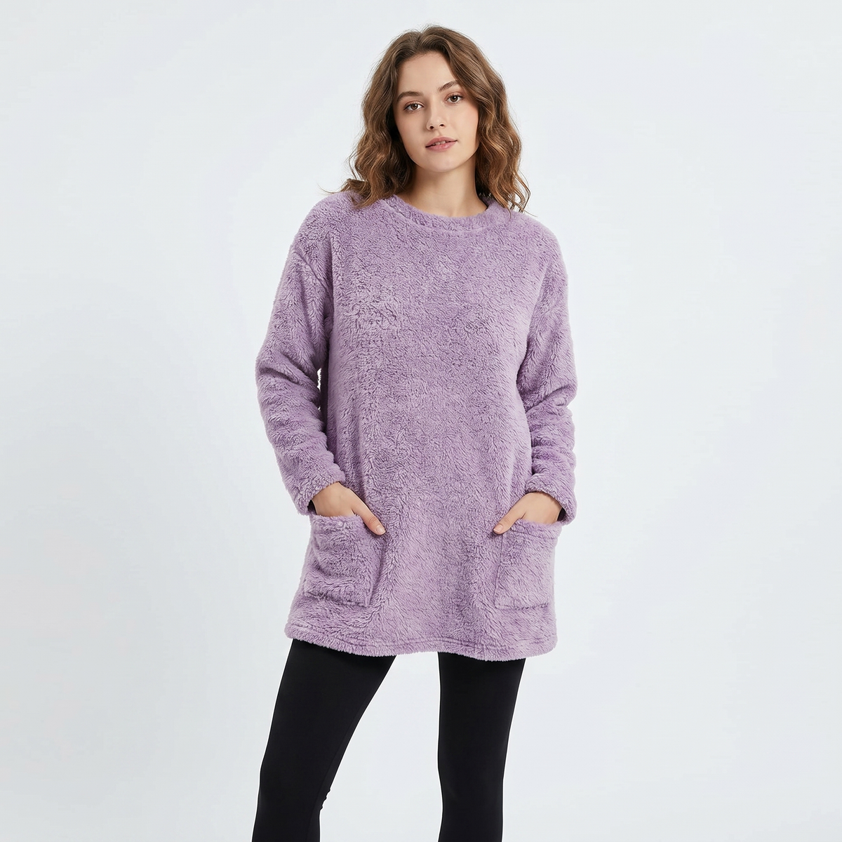 Women's Fluffy Fleece Tunic Top Oversized Crew-Neck Sherpa Lounge Pullover