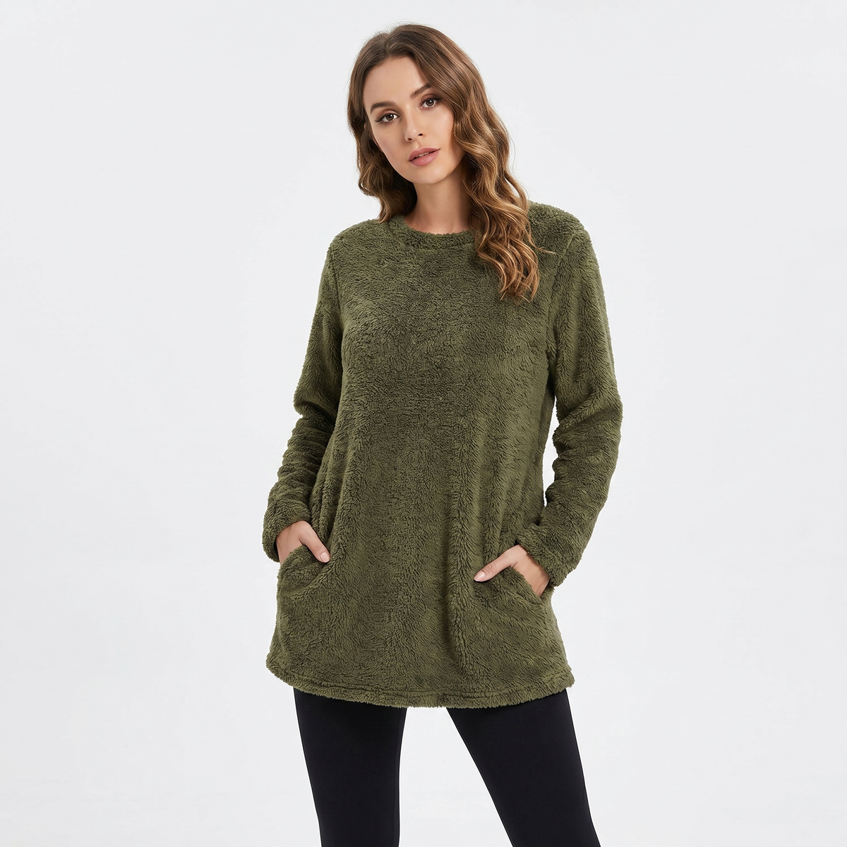 Women's Fluffy Fleece Tunic Top Oversized Crew-Neck Sherpa Lounge Pullover