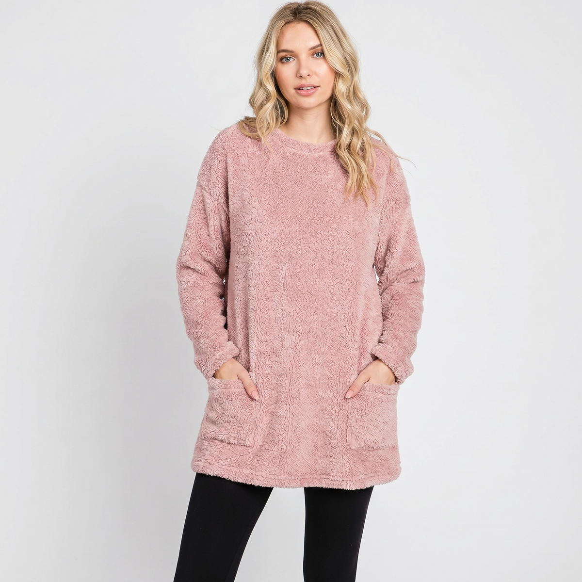 Women's Fluffy Fleece Tunic Top Oversized Crew-Neck Sherpa Lounge Pullover