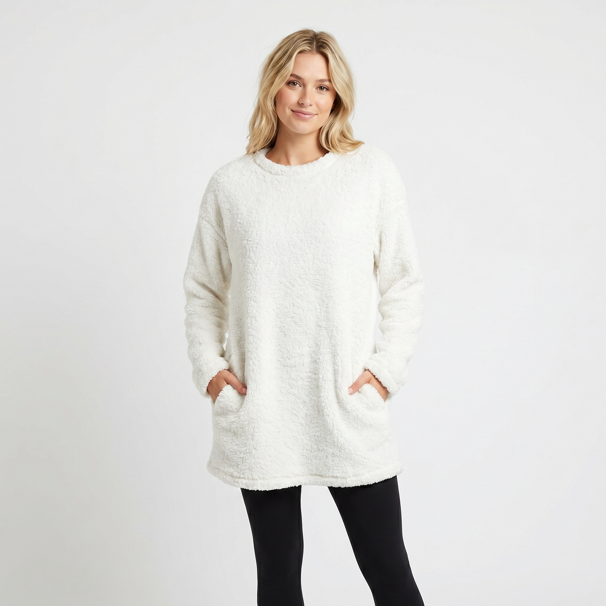 Women's Fluffy Fleece Tunic Top Oversized Crew-Neck Sherpa Lounge Pullover