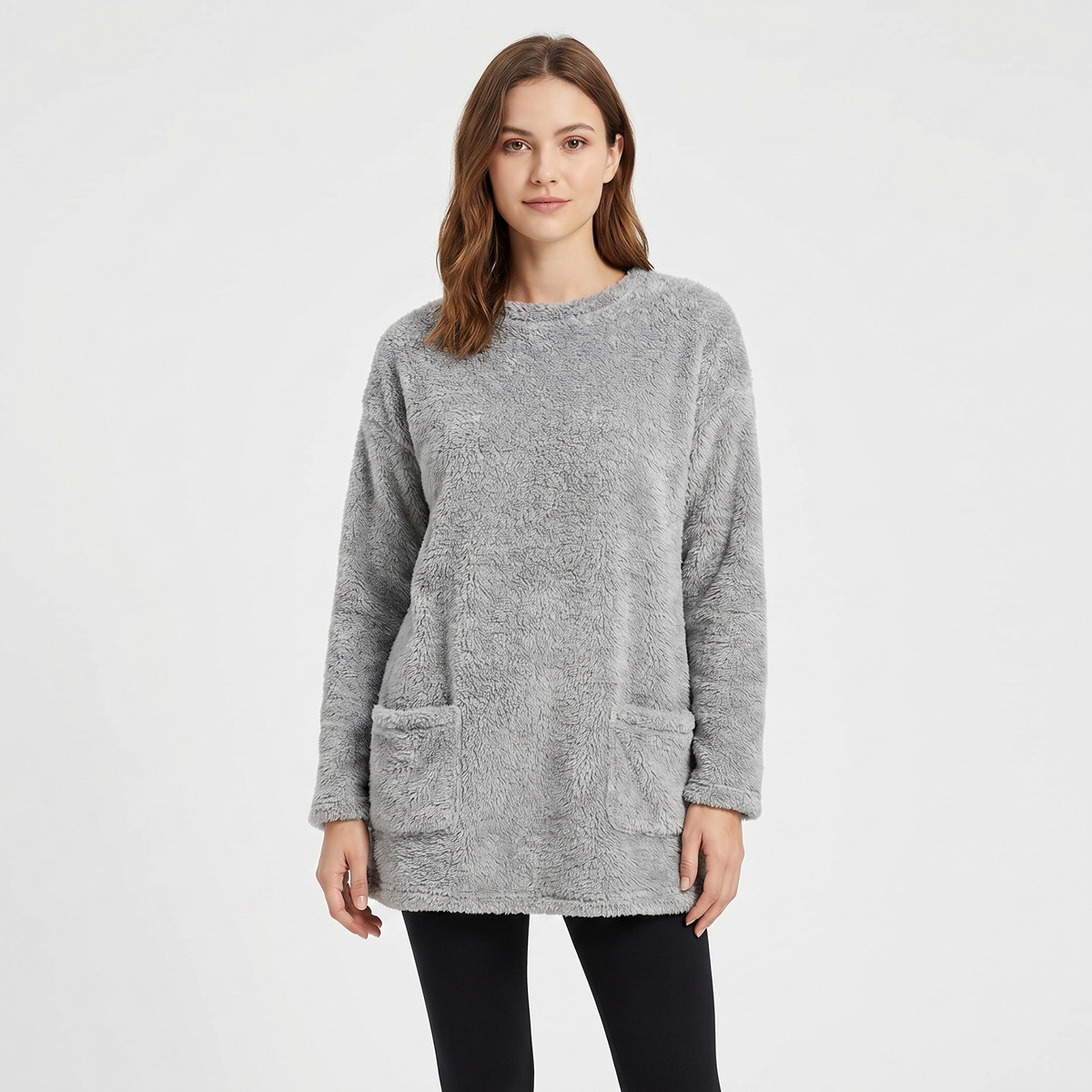 Women's Fluffy Fleece Tunic Top Oversized Crew-Neck Sherpa Lounge Pullover