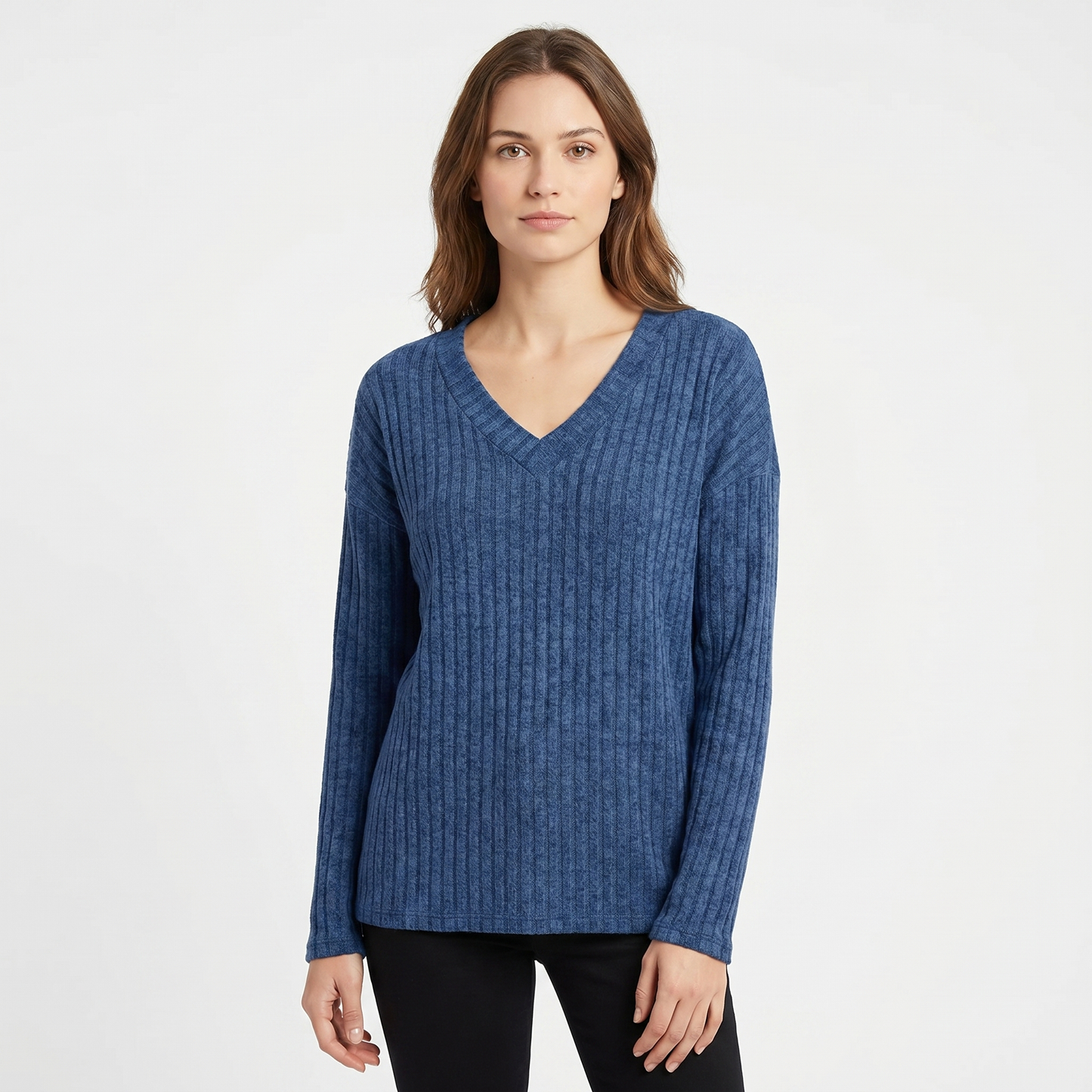 Women's Ribbed V-Neck Sweater Long Sleeve Soft Knit Pullover Casual Jumper