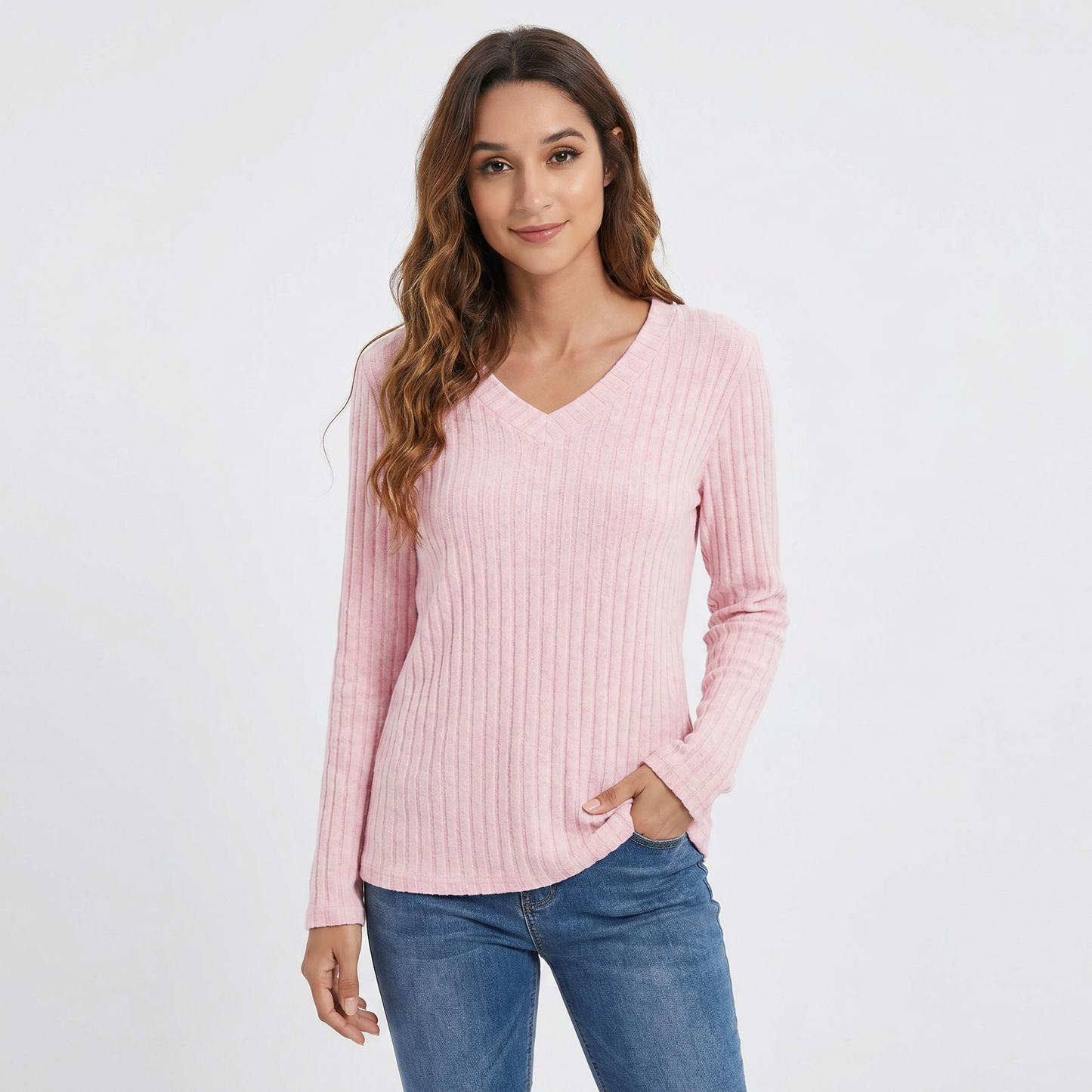 Women's Ribbed V-Neck Sweater Long Sleeve Soft Knit Pullover Casual Jumper