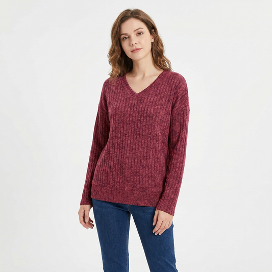 Women's Ribbed V-Neck Sweater Long Sleeve Soft Knit Pullover Casual Jumper