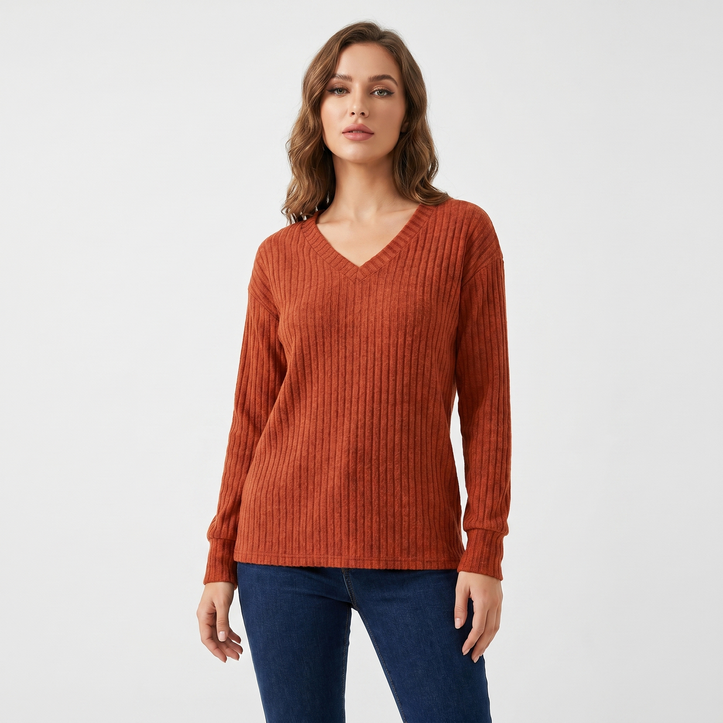 Women's Ribbed V-Neck Sweater Long Sleeve Soft Knit Pullover Casual Jumper