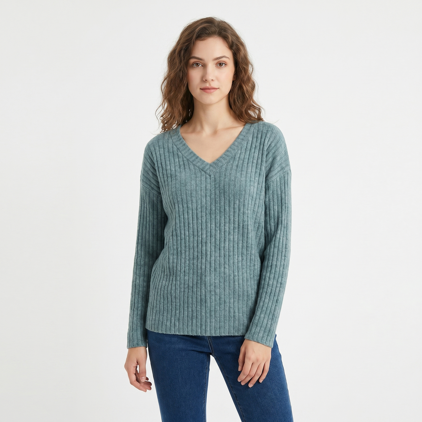 Women's Ribbed V-Neck Sweater Long Sleeve Soft Knit Pullover Casual Jumper