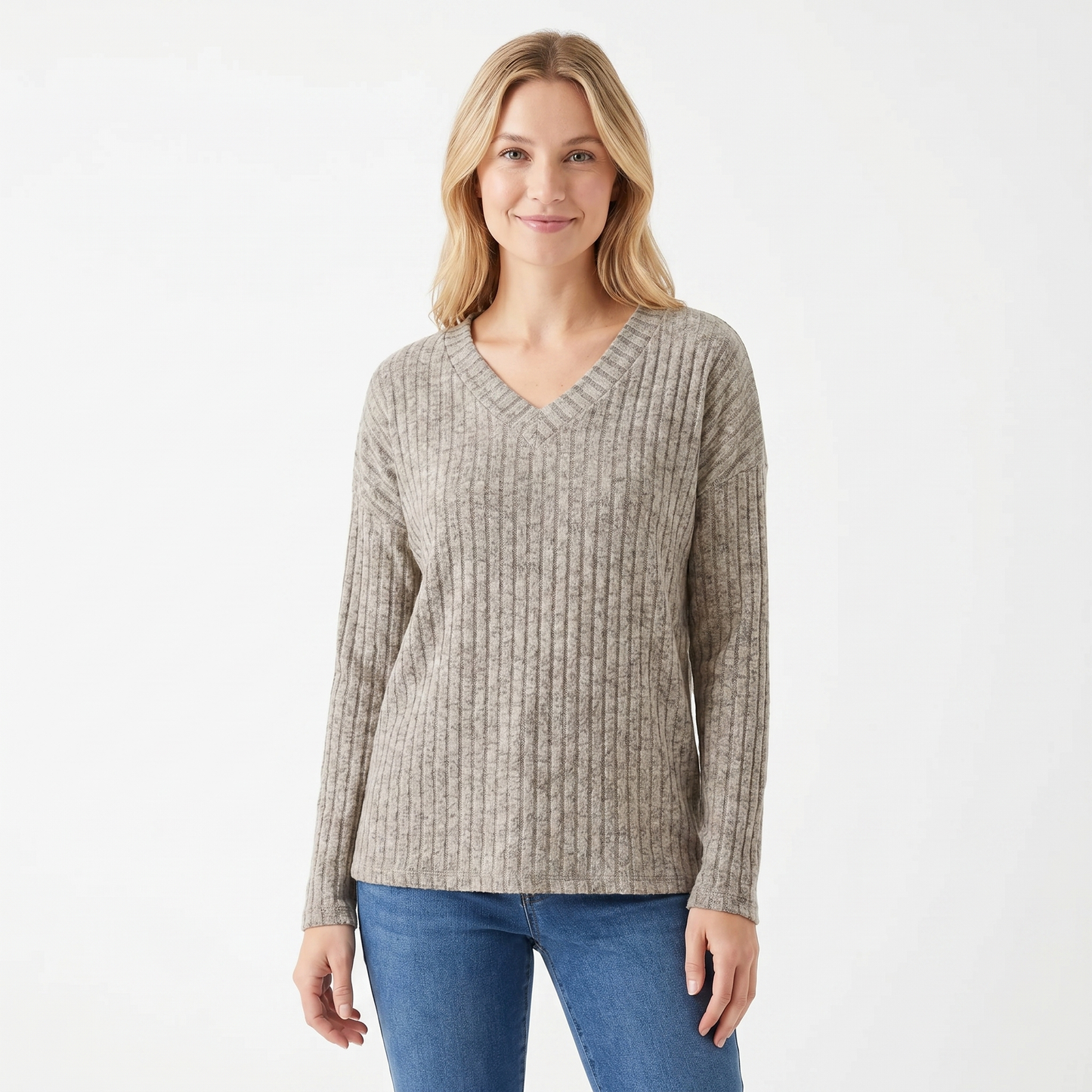 Women's Ribbed V-Neck Sweater Long Sleeve Soft Knit Pullover Casual Jumper
