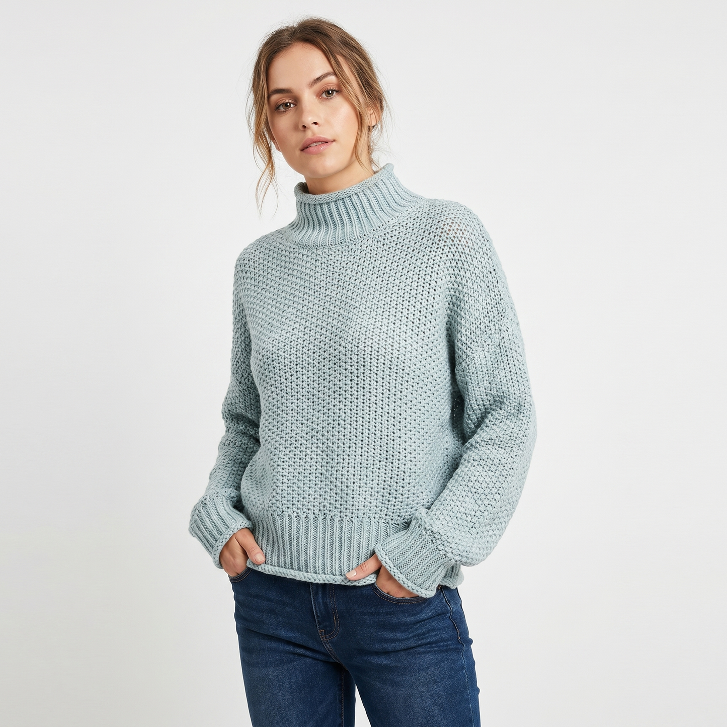 Women's Chunky Knit Mock Neck Sweater Oversized Waffle Stitch Pullover Jumper
