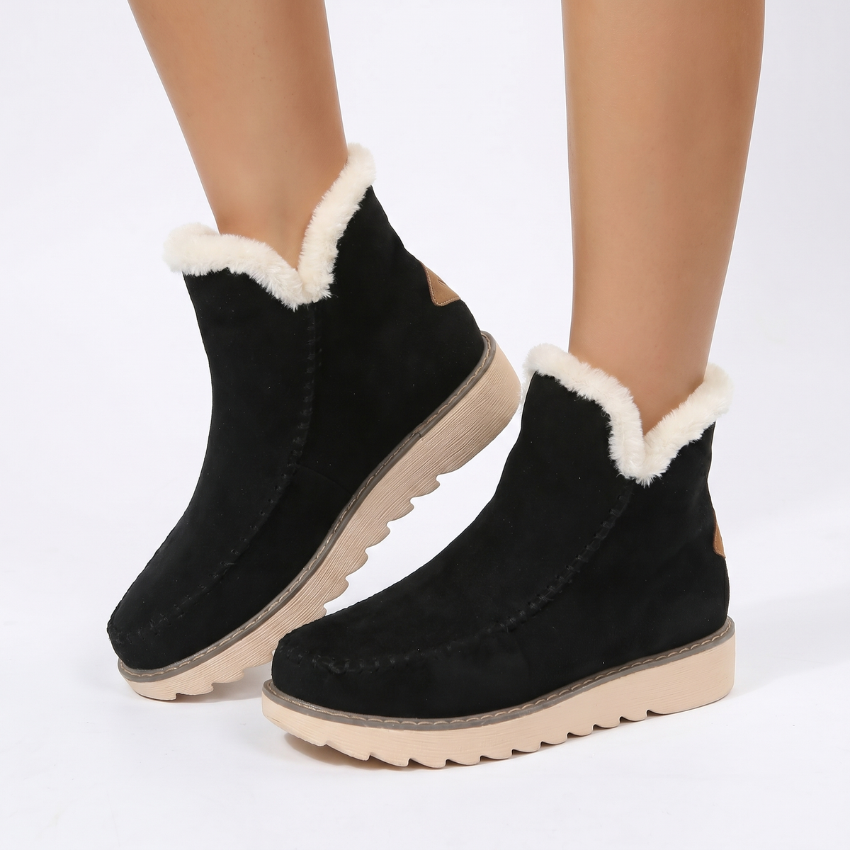 Women's Suede Ankle Snow Boots Sherpa Lined Slip-On Platform Winter Booties