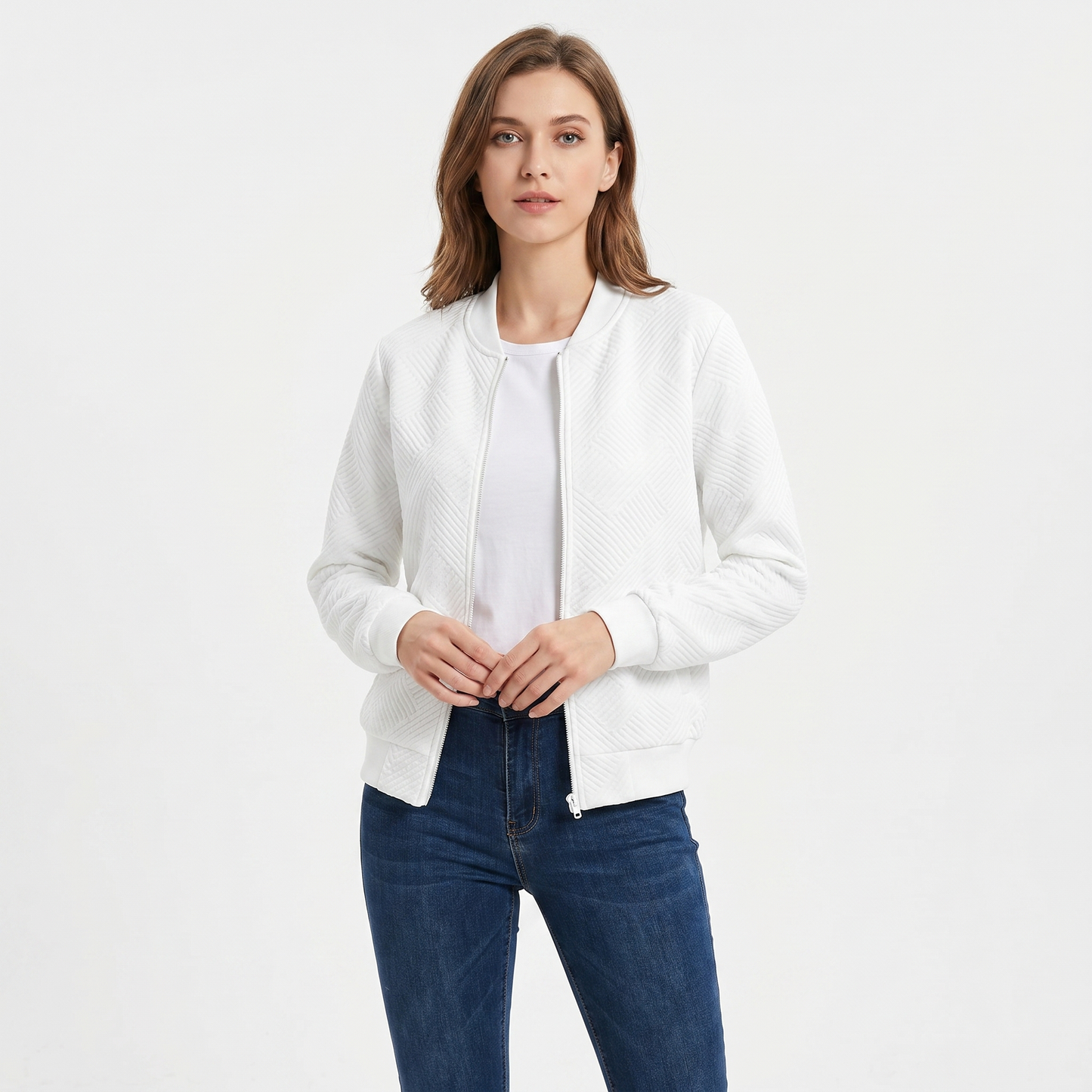 Women's Quilted Bomber Jacket Suede Effect Diamond Quilt Zip Up Casual Coat