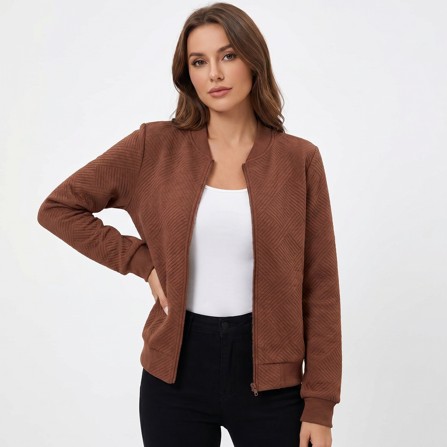Women's Quilted Bomber Jacket Suede Effect Diamond Quilt Zip Up Casual Coat