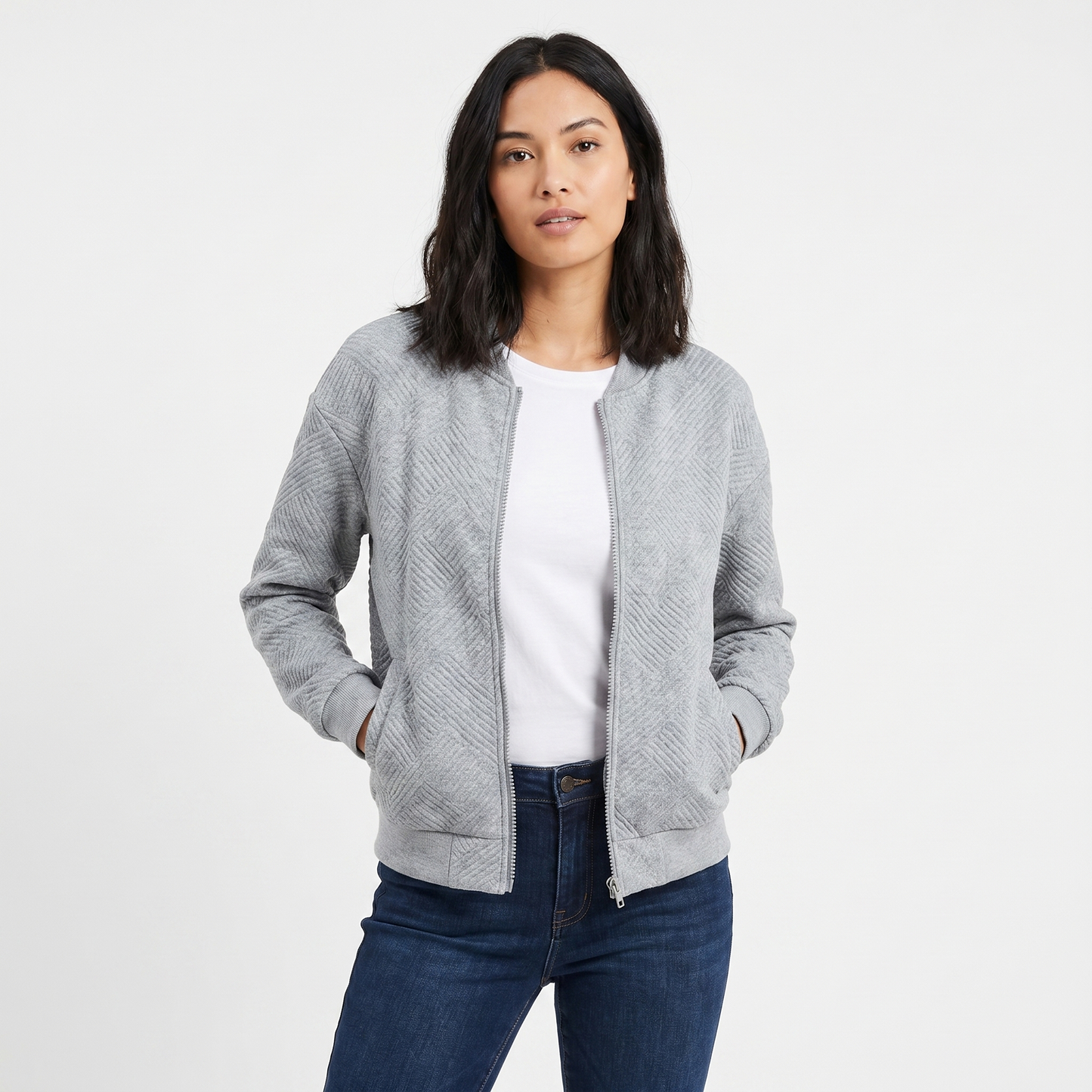 Women's Quilted Bomber Jacket Suede Effect Diamond Quilt Zip Up Casual Coat