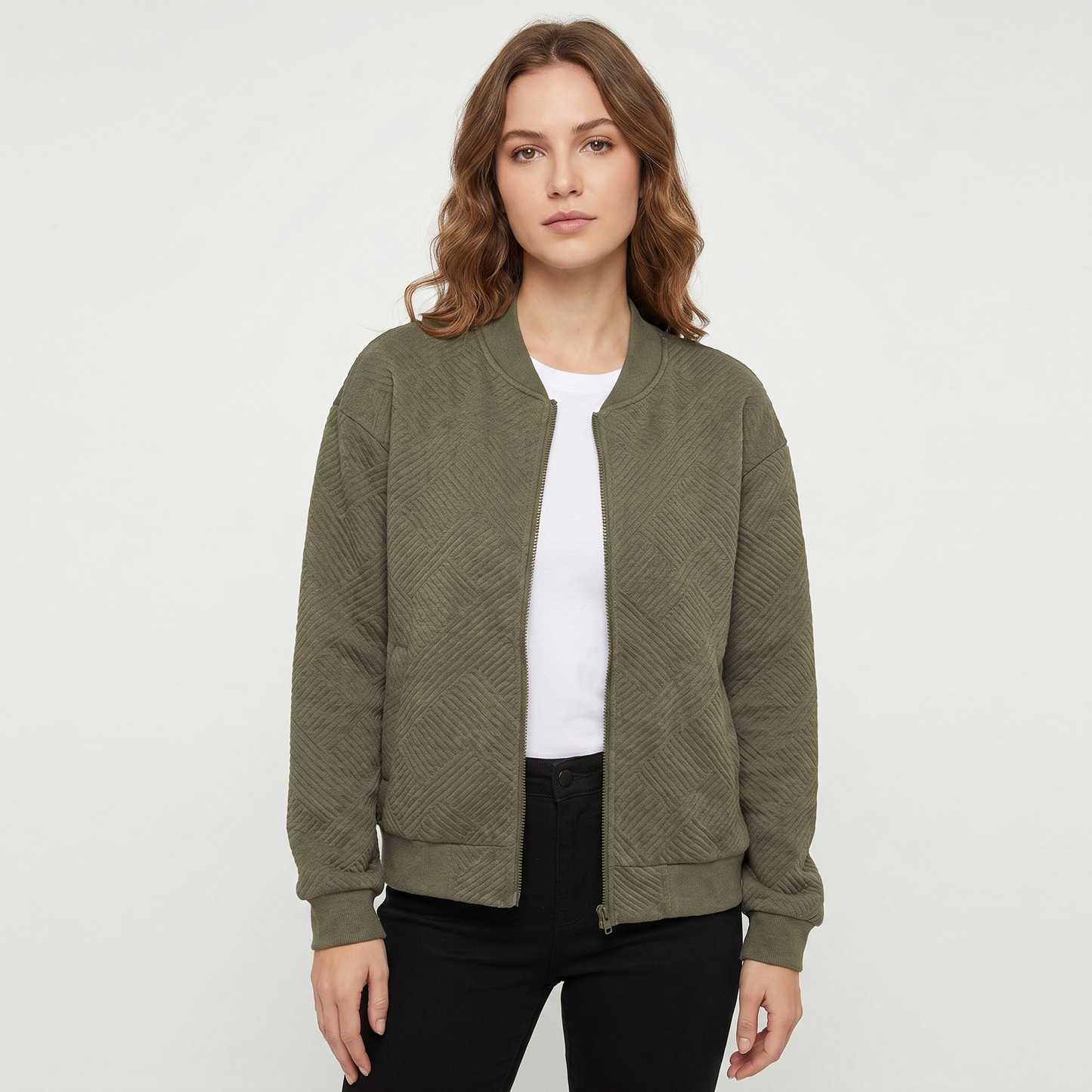 Women's Quilted Bomber Jacket Suede Effect Diamond Quilt Zip Up Casual Coat