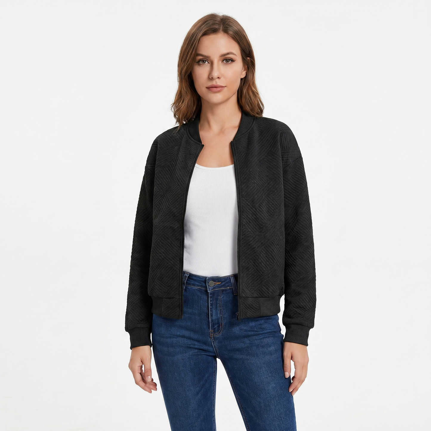Women's Quilted Bomber Jacket Suede Effect Diamond Quilt Zip Up Casual Coat