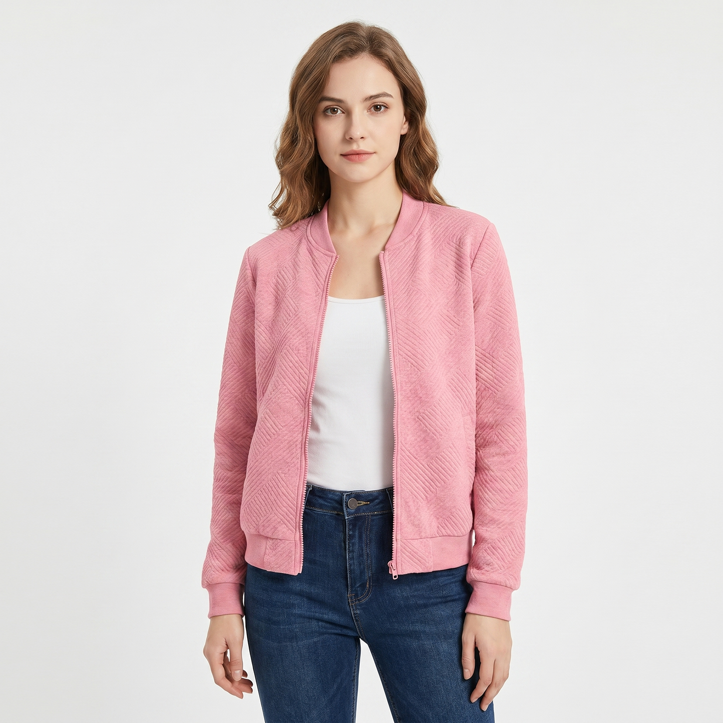 Women's Quilted Bomber Jacket Suede Effect Diamond Quilt Zip Up Casual Coat