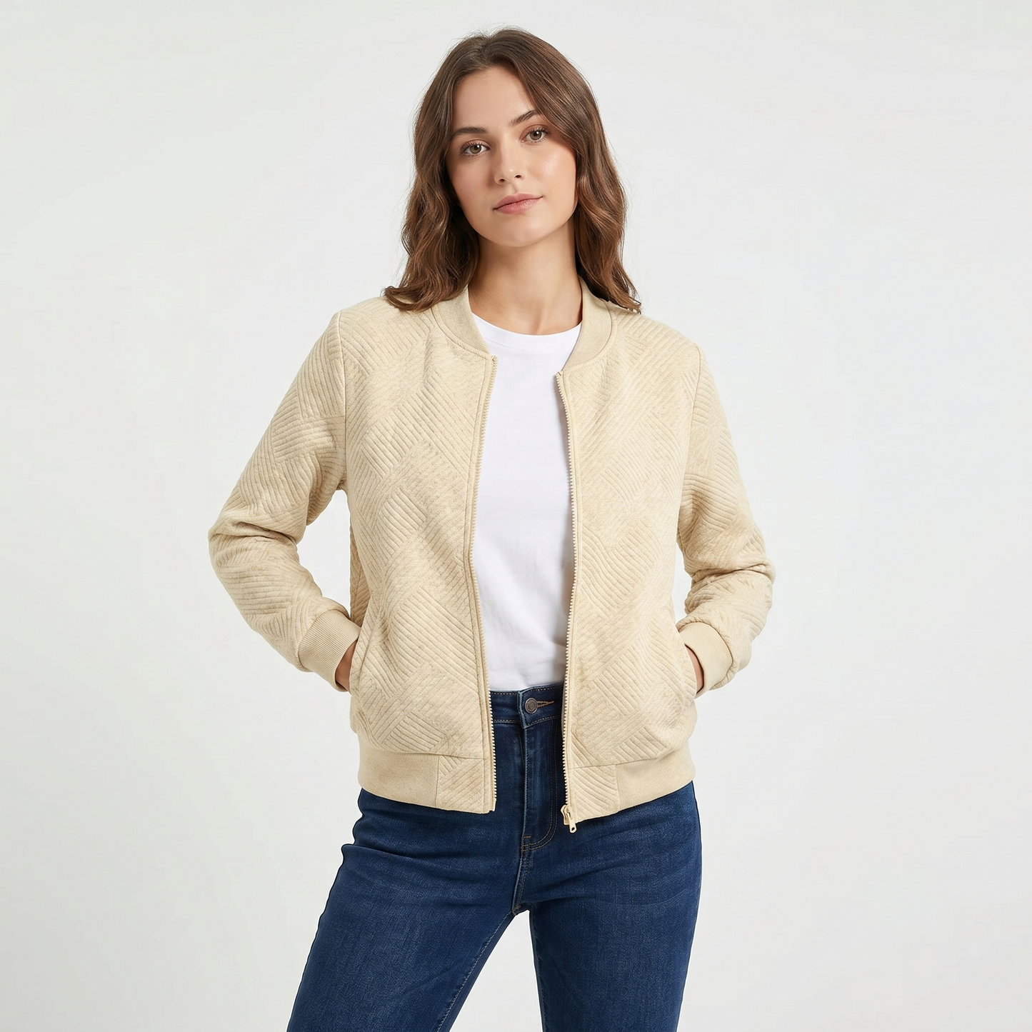 Women's Quilted Bomber Jacket Suede Effect Diamond Quilt Zip Up Casual Coat