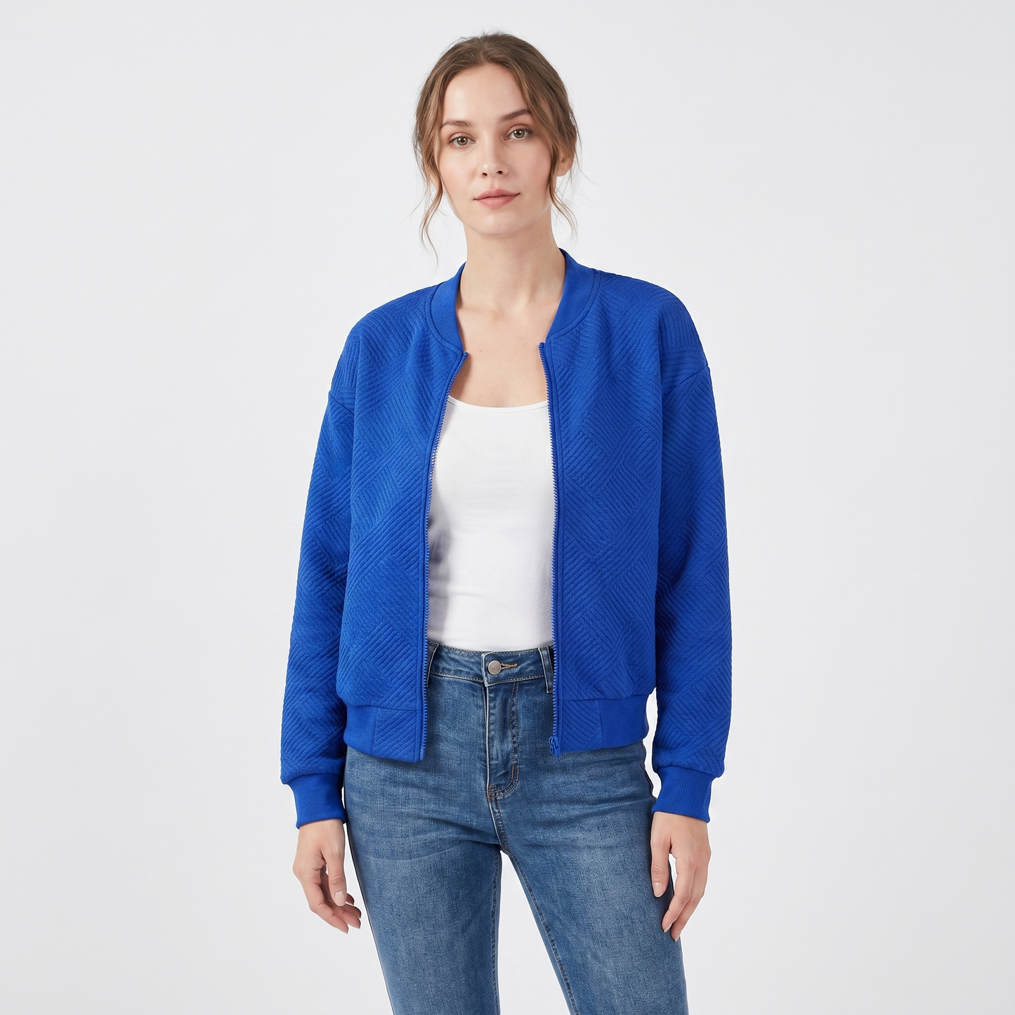 Women's Quilted Bomber Jacket Suede Effect Diamond Quilt Zip Up Casual Coat