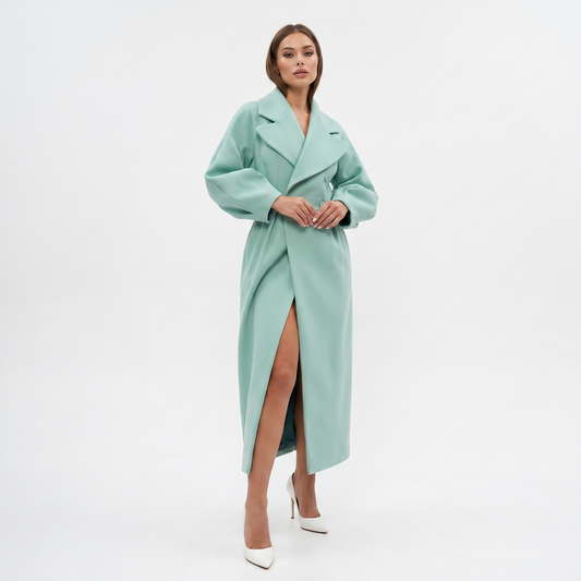 Women's Longline Wrap Coat Oversized Notch Lapel Balloon Sleeve Maxi Occasion