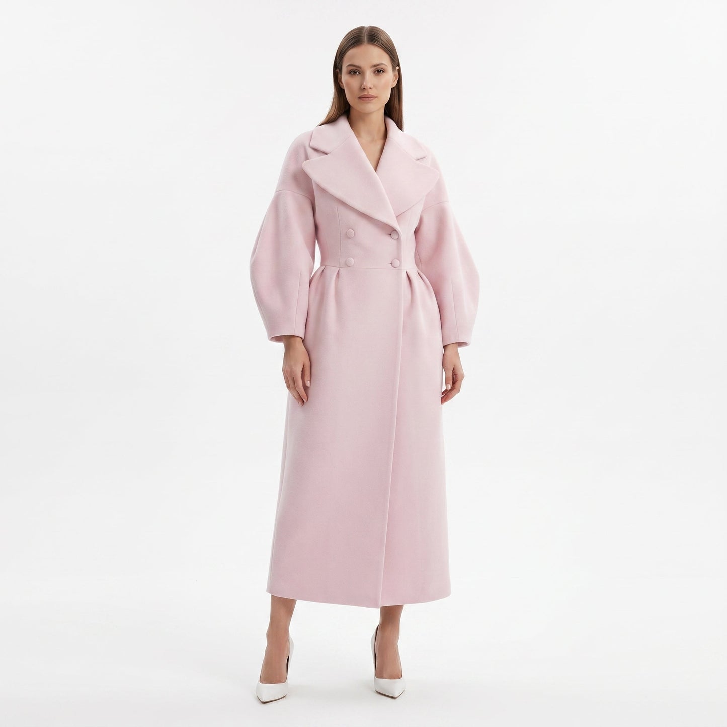Women's Longline Wrap Coat Oversized Notch Lapel Balloon Sleeve Maxi Occasion