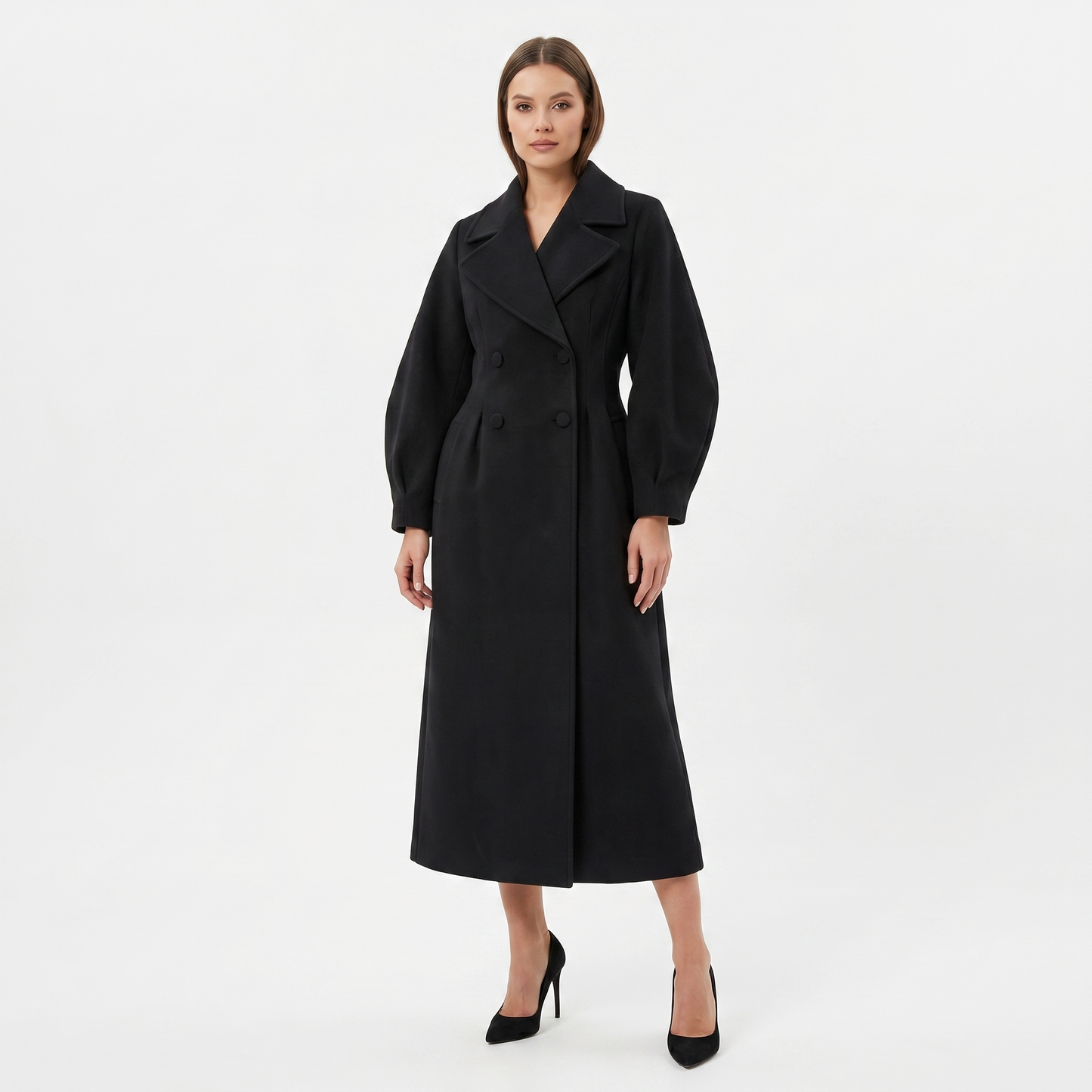 Women's Longline Wrap Coat Oversized Notch Lapel Balloon Sleeve Maxi Occasion