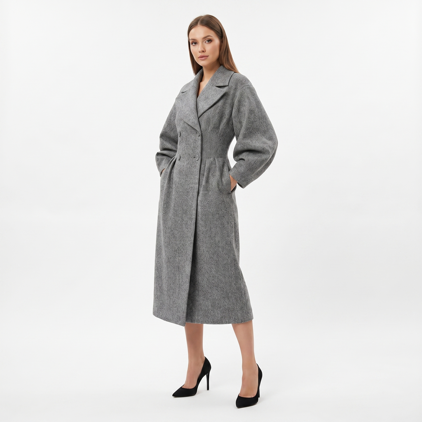 Women's Longline Wrap Coat Oversized Notch Lapel Balloon Sleeve Maxi Occasion