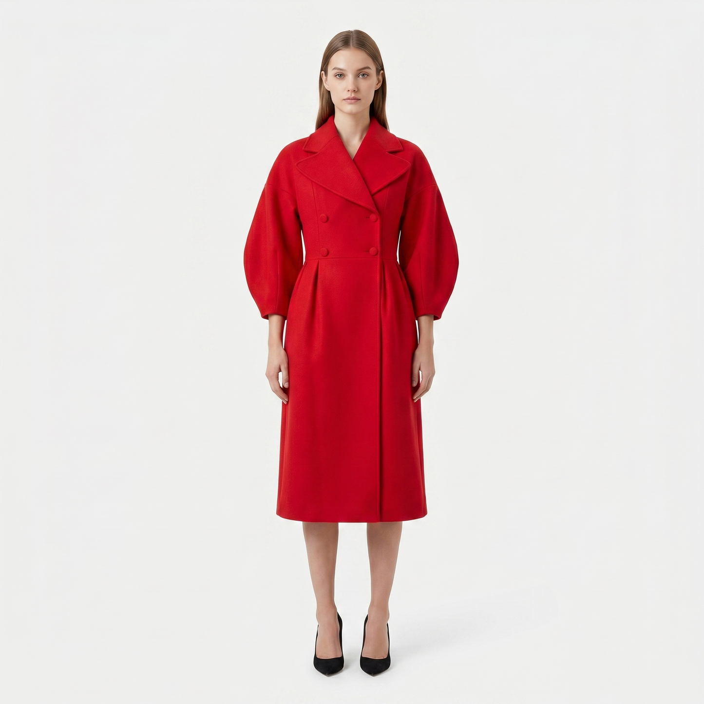 Women's Longline Wrap Coat Oversized Notch Lapel Balloon Sleeve Maxi Occasion