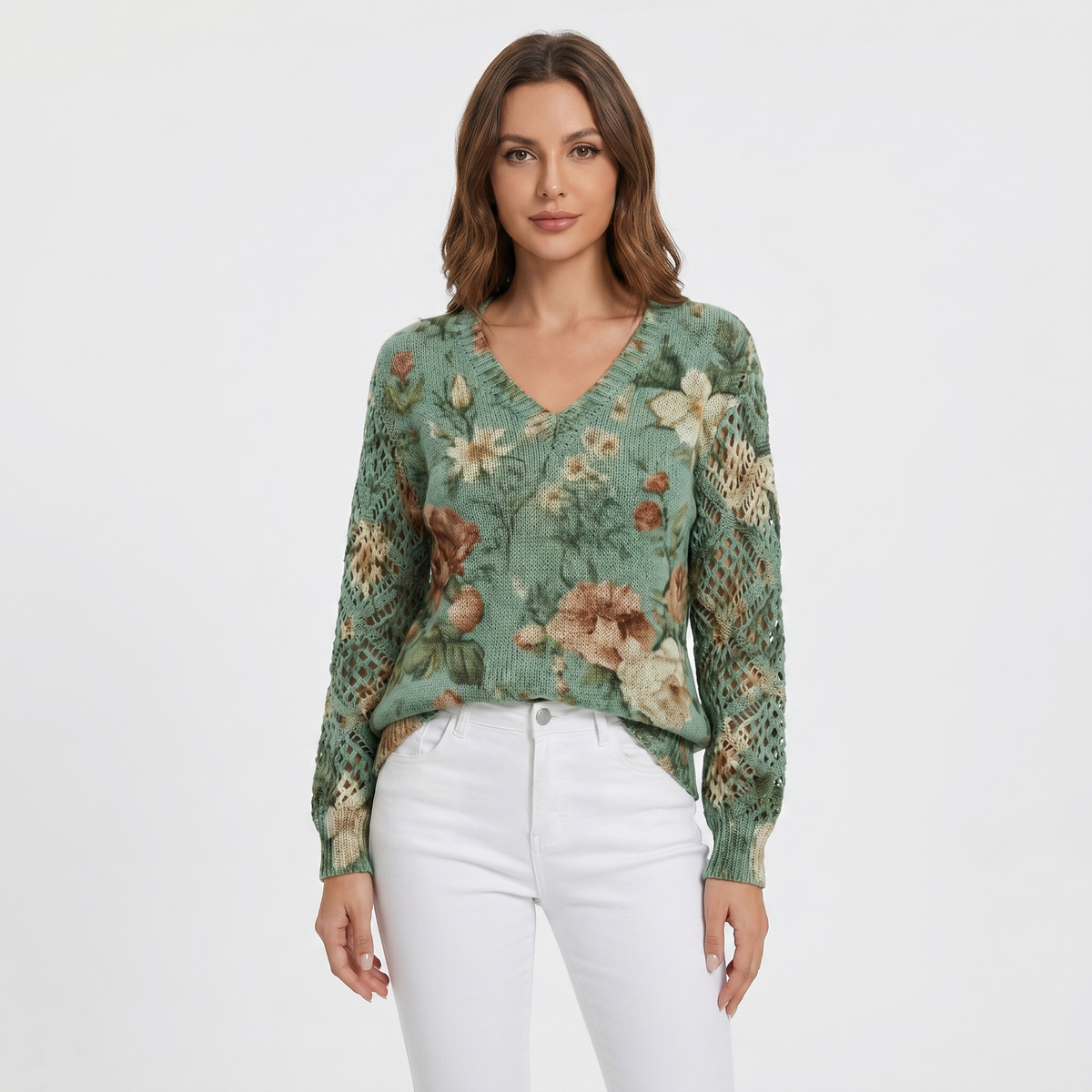 Women's Floral Jacquard Knit Sweater V-Neck Crochet Sleeve Pullover Top