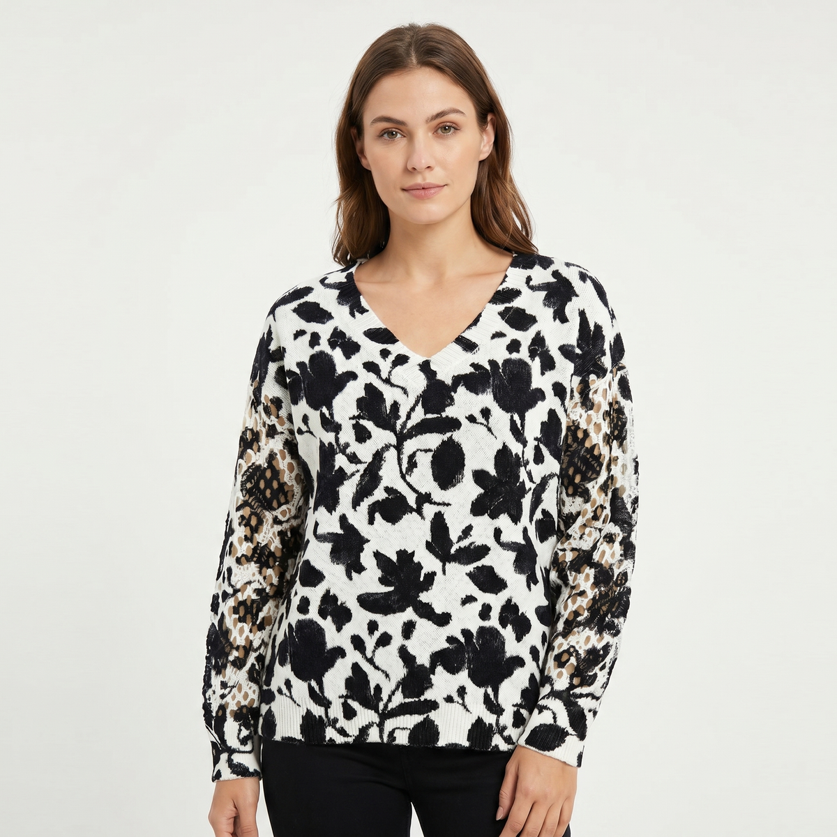 Women's Floral Jacquard Knit Sweater V-Neck Crochet Sleeve Pullover Top