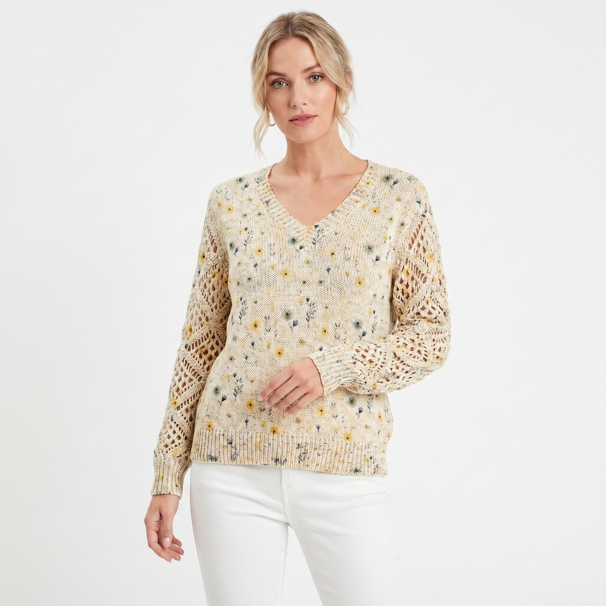 Women's Floral Jacquard Knit Sweater V-Neck Crochet Sleeve Pullover Top