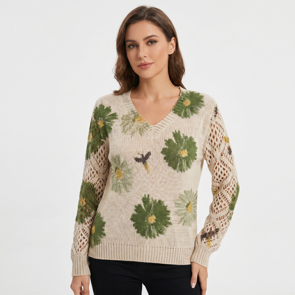Women's Floral Jacquard Knit Sweater V-Neck Crochet Sleeve Pullover Top