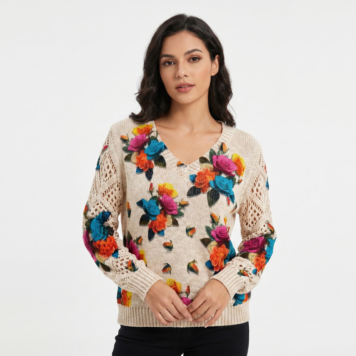 Women's Floral Jacquard Knit Sweater V-Neck Crochet Sleeve Pullover Top