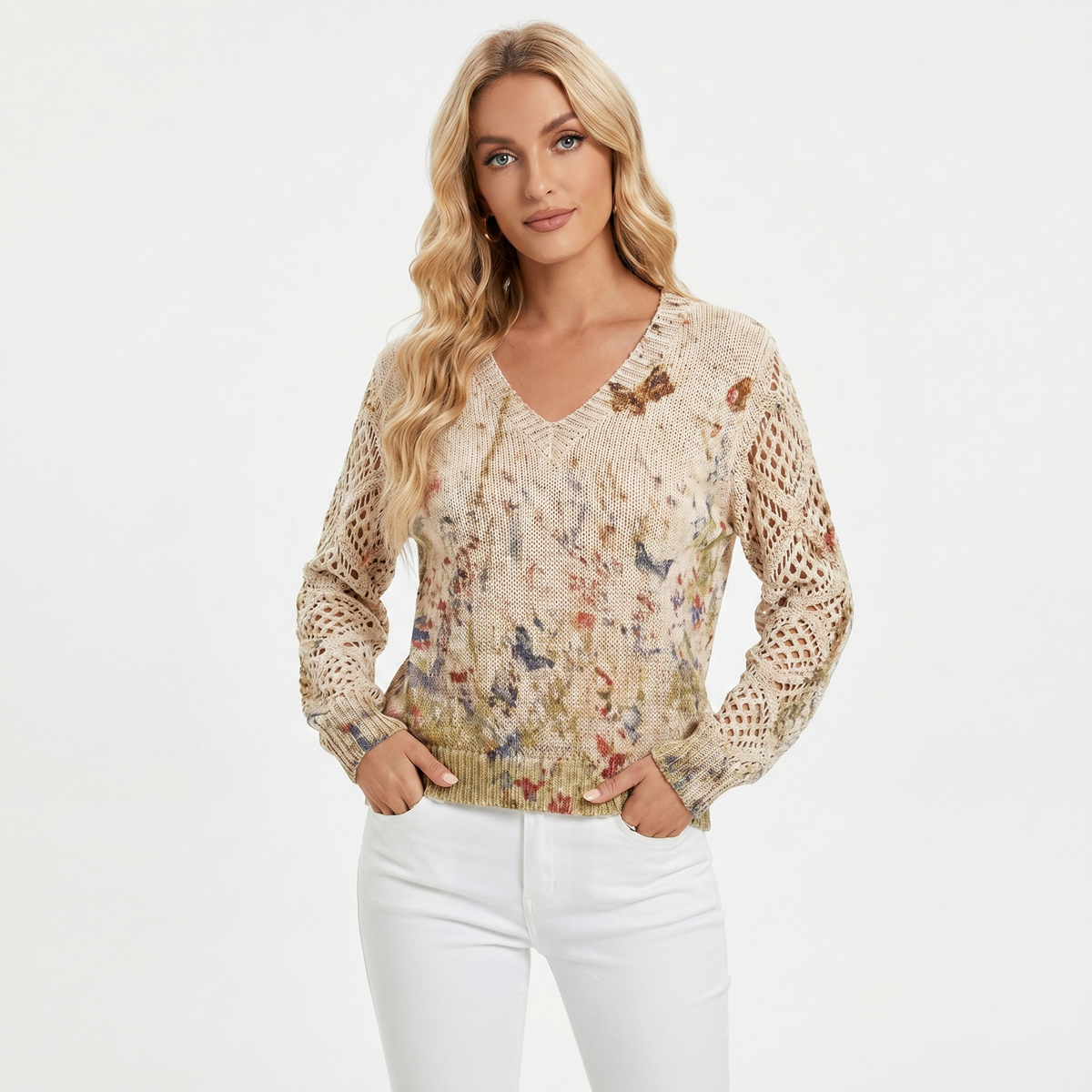 Women's Floral Jacquard Knit Sweater V-Neck Crochet Sleeve Pullover Top