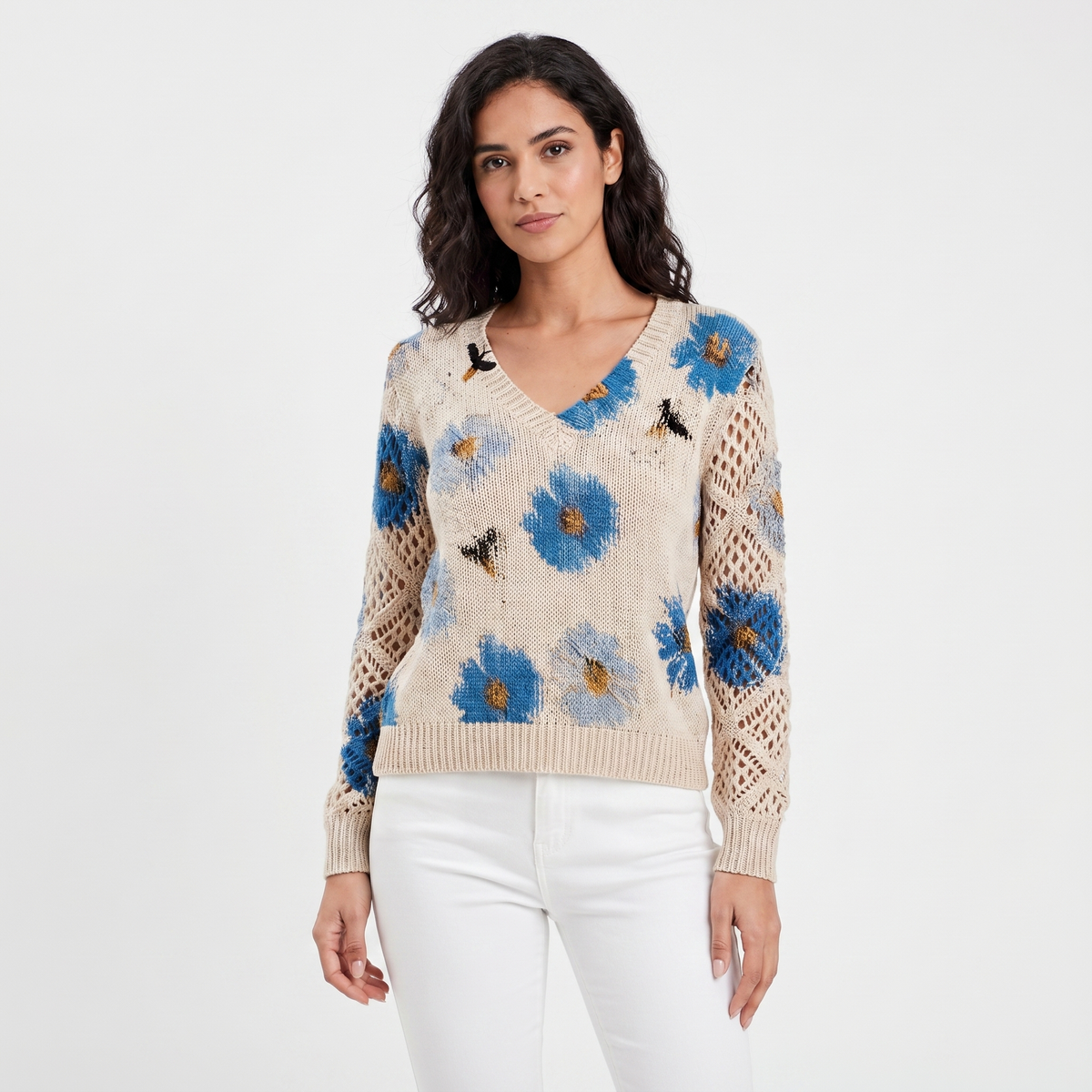 Women's Floral Jacquard Knit Sweater V-Neck Crochet Sleeve Pullover Top