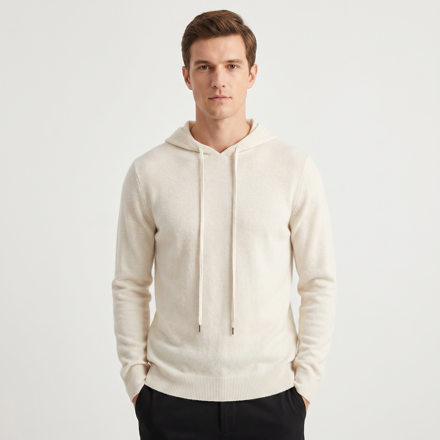 Men's Cashmere Blend Knit Hoodie Pullover Drawstring Fine Knit Luxury Sweater