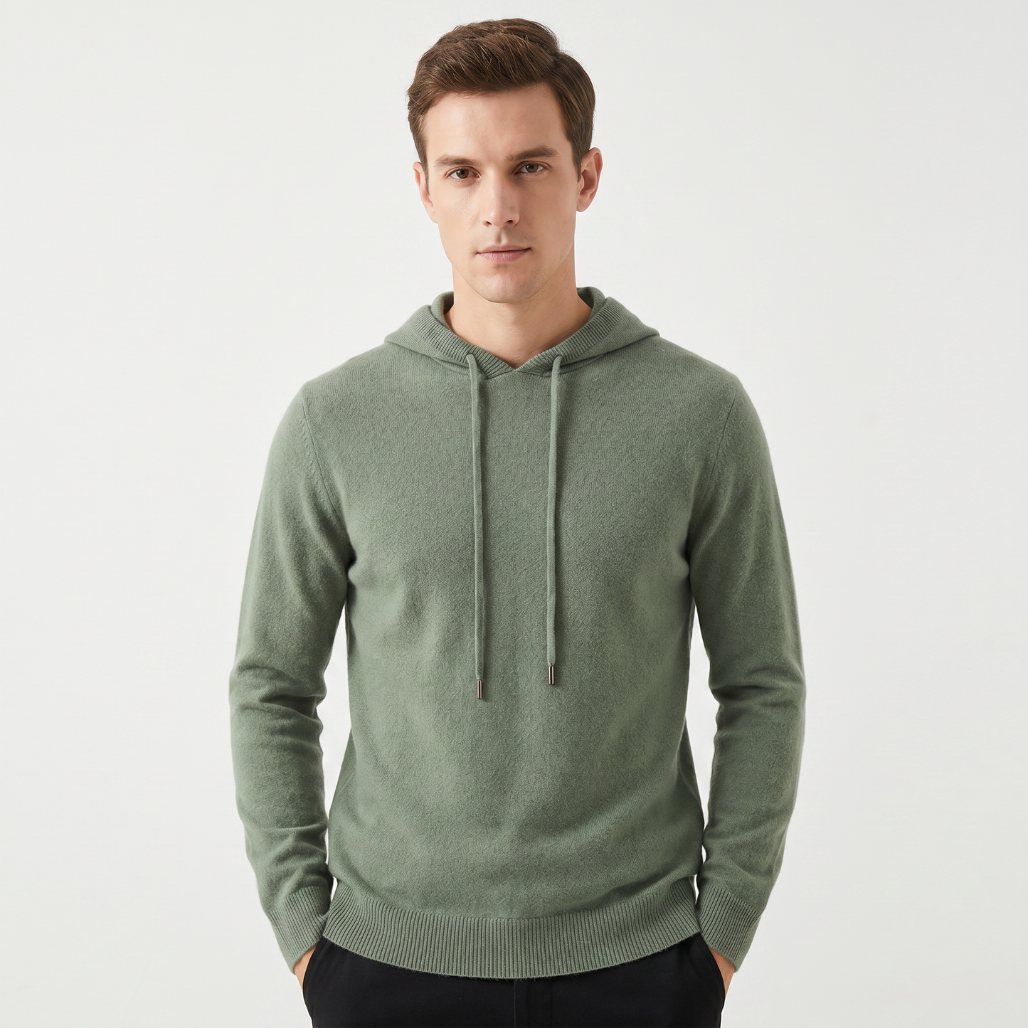 Men's Cashmere Blend Knit Hoodie Pullover Drawstring Fine Knit Luxury Sweater