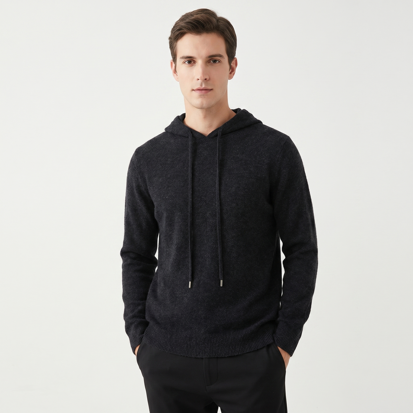 Men's Cashmere Blend Knit Hoodie Pullover Drawstring Fine Knit Luxury Sweater