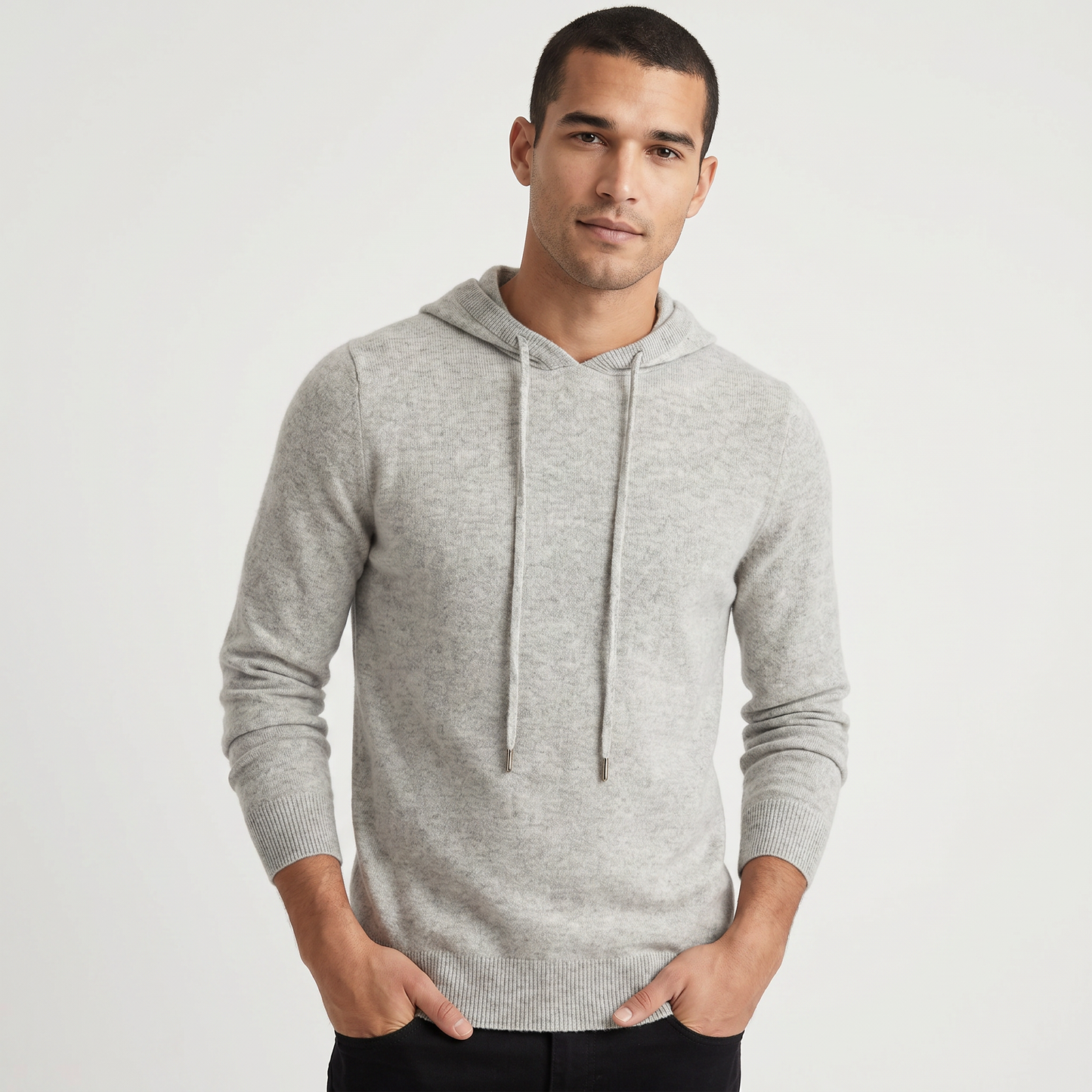 Men's Cashmere Blend Knit Hoodie Pullover Drawstring Fine Knit Luxury Sweater