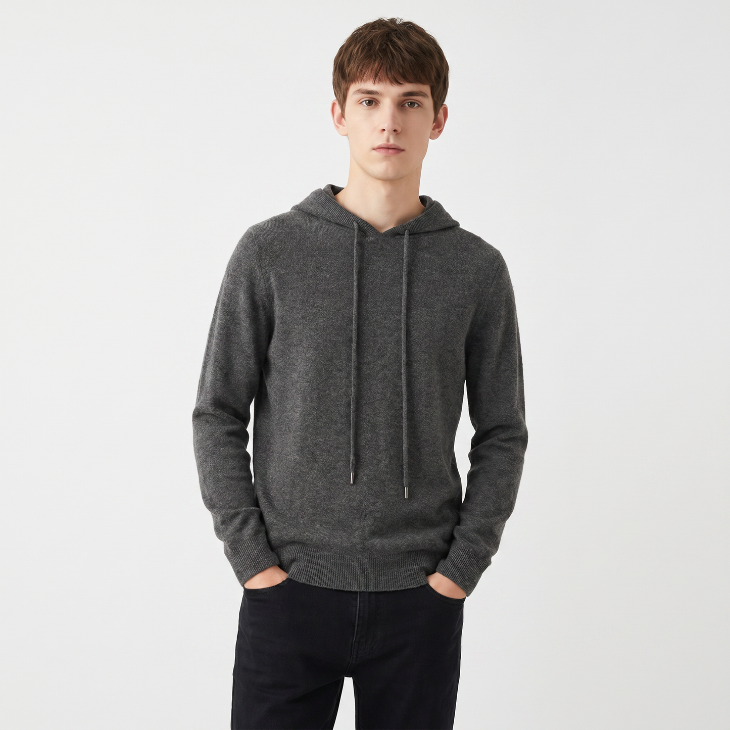 Men's Cashmere Blend Knit Hoodie Pullover Drawstring Fine Knit Luxury Sweater