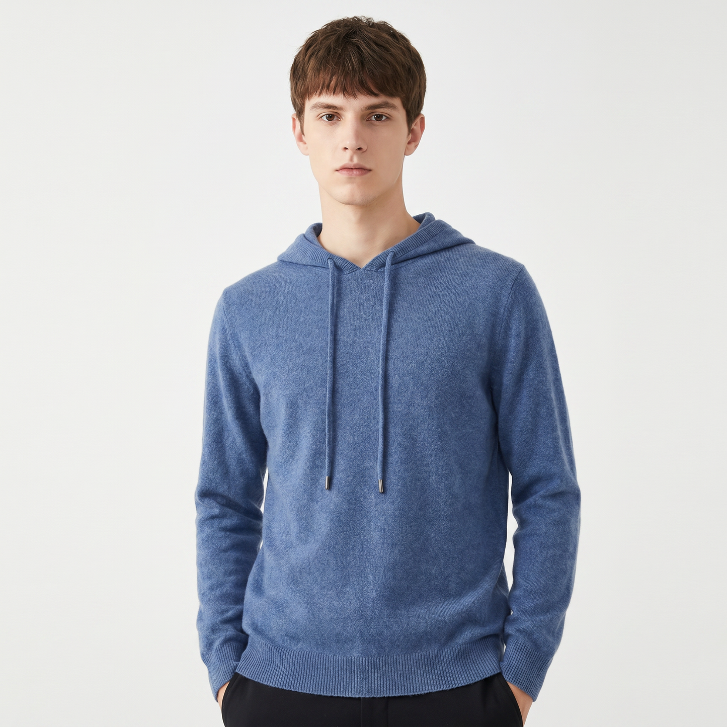 Men's Cashmere Blend Knit Hoodie Pullover Drawstring Fine Knit Luxury Sweater