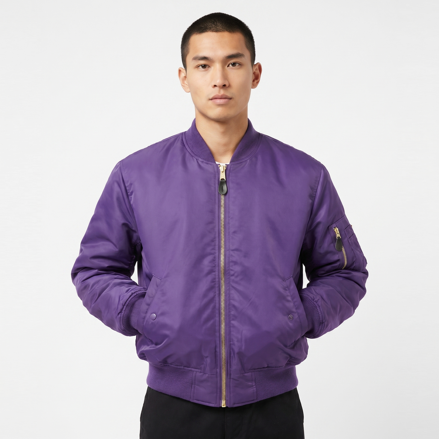 Men's MA-1 Flight Bomber Jacket Nylon Shell Gold Zip Padded Military Casual Coat