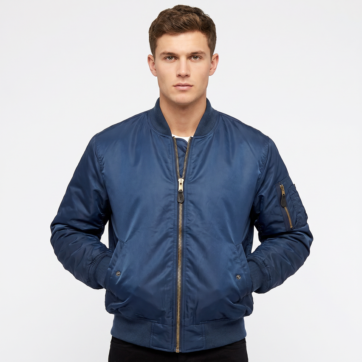 Men's MA-1 Flight Bomber Jacket Nylon Shell Gold Zip Padded Military Casual Coat