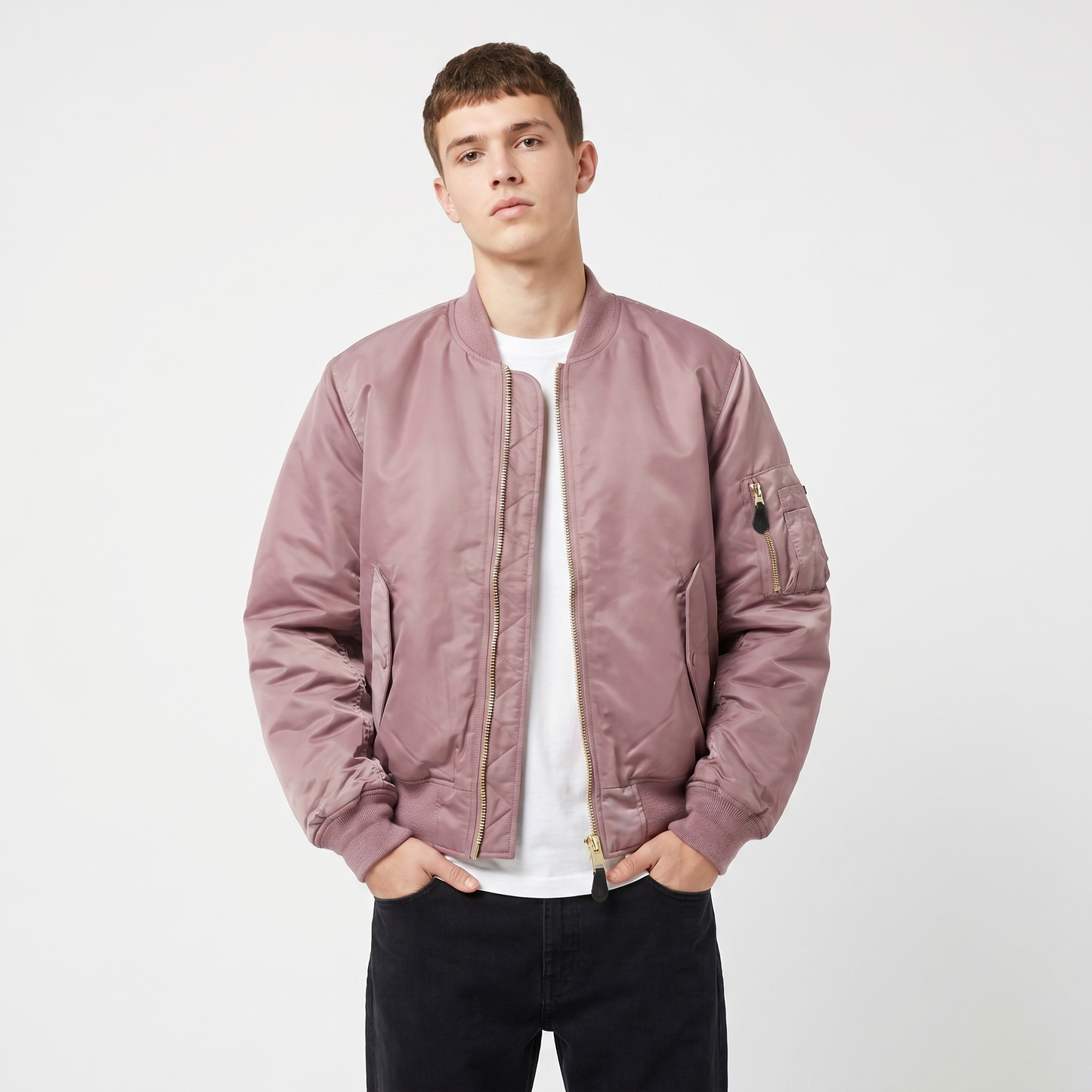 Men's MA-1 Flight Bomber Jacket Nylon Shell Gold Zip Padded Military Casual Coat