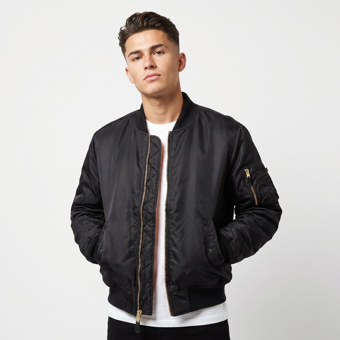 Men's MA-1 Flight Bomber Jacket Nylon Shell Gold Zip Padded Military Casual Coat
