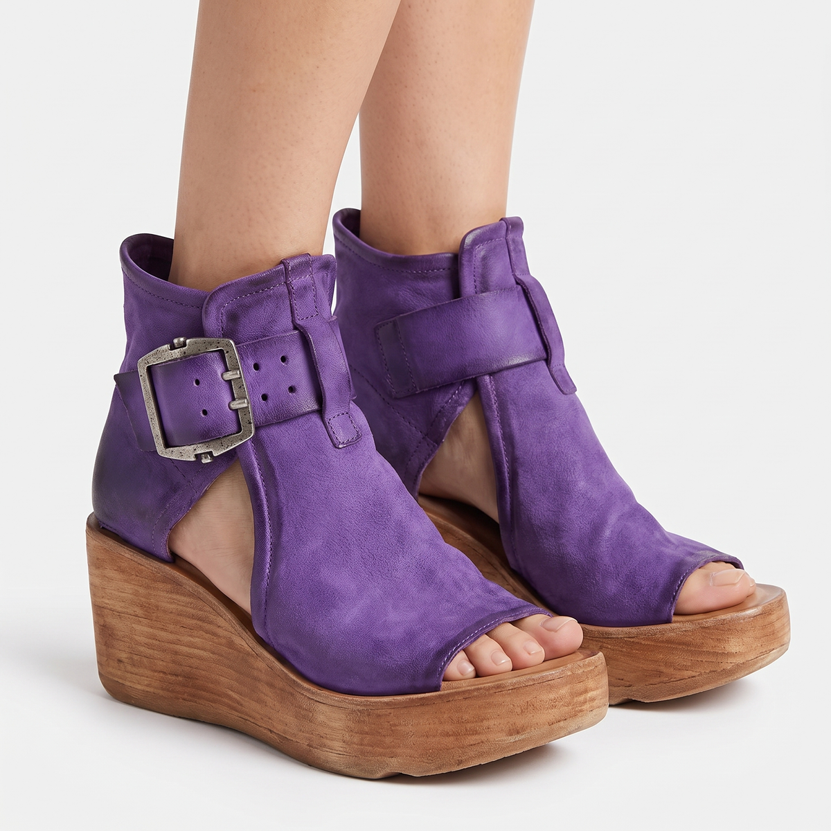 Women's Wedge Sandal Boots Open Toe Double Buckle Ankle Leather Platform
