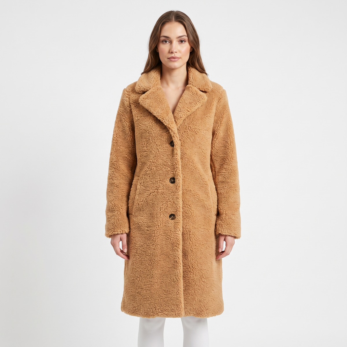 Women's Teddy Bear Coat Faux Shearling Button-Up Lapel Long Warm Jacket