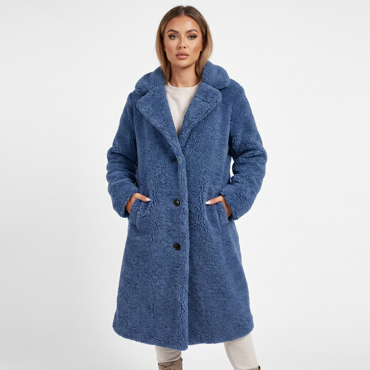 Women's Teddy Bear Coat Faux Shearling Button-Up Lapel Long Warm Jacket