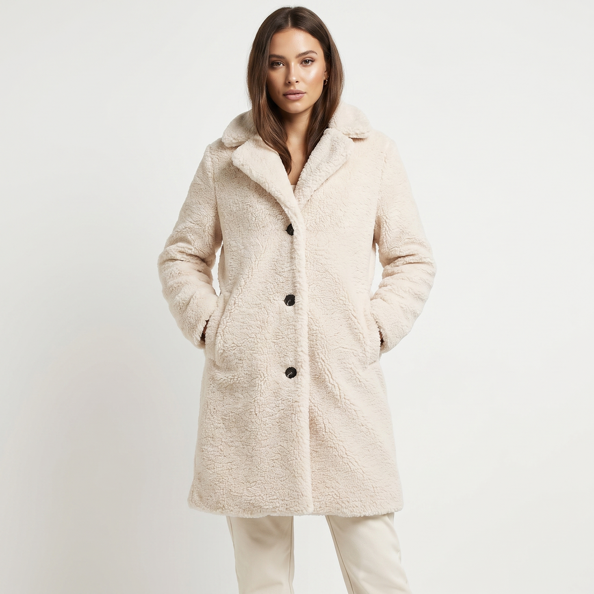 Women's Teddy Bear Coat Faux Shearling Button-Up Lapel Long Warm Jacket