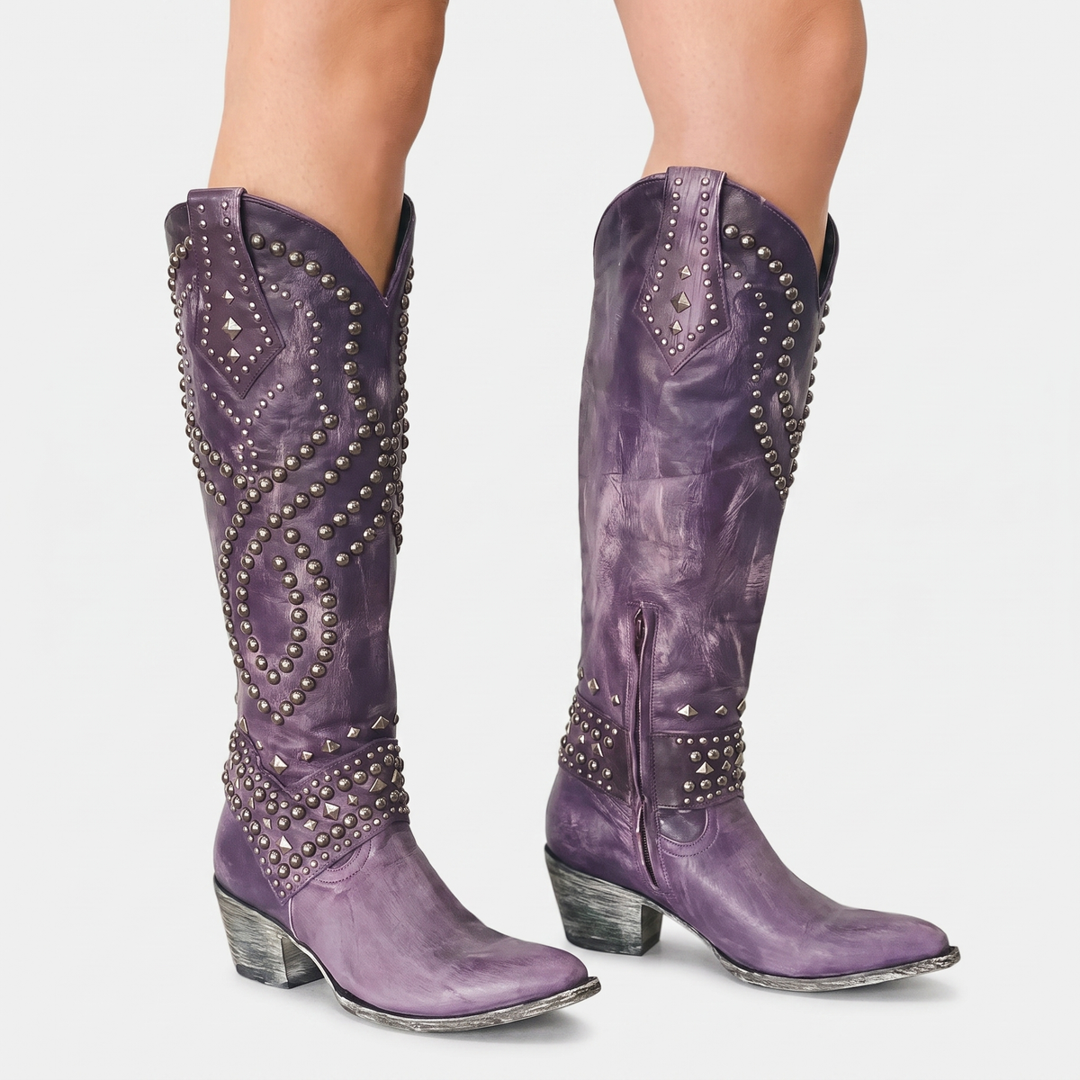 Women's Studded Knee-High Western Block Heel Pointed Toe Cowboy Boots